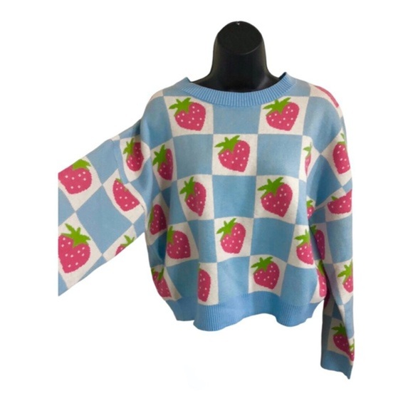 Blue white strawberry checkered pattern crew neck long sleeve sweater‎ size M - Picture 1 of 12